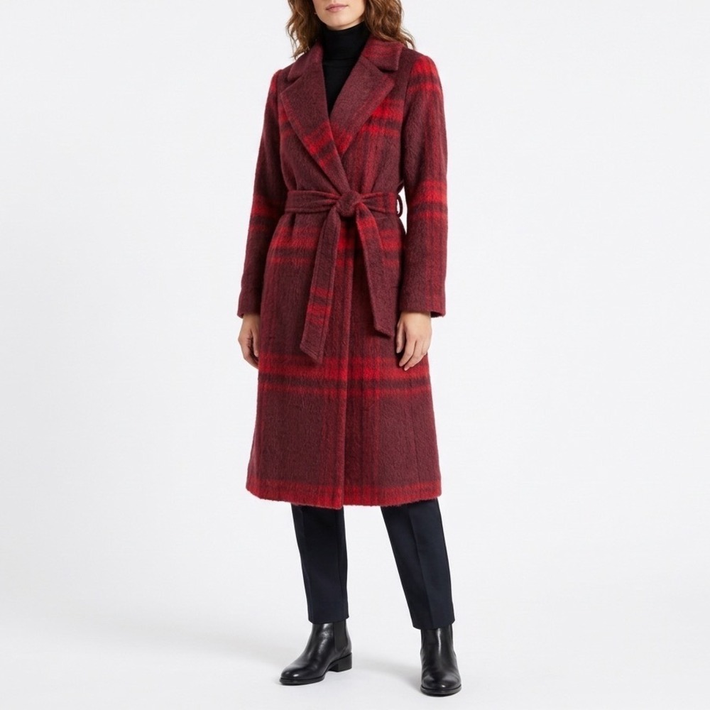 Liz Claiborne Red Plaid Belted Trench Coat